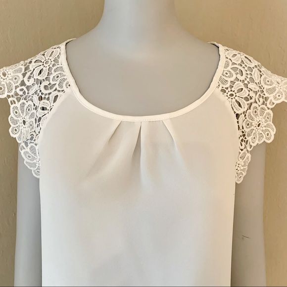 PHILOSOPHY Lace Cap Sleeve Top Silky Round Neck White - Picture 6 of 12